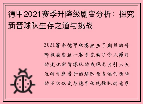德甲2021赛季升降级剧变分析：探究新晋球队生存之道与挑战