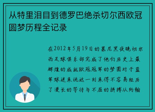 从特里泪目到德罗巴绝杀切尔西欧冠圆梦历程全记录