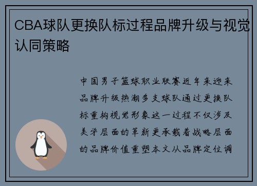 CBA球队更换队标过程品牌升级与视觉认同策略
